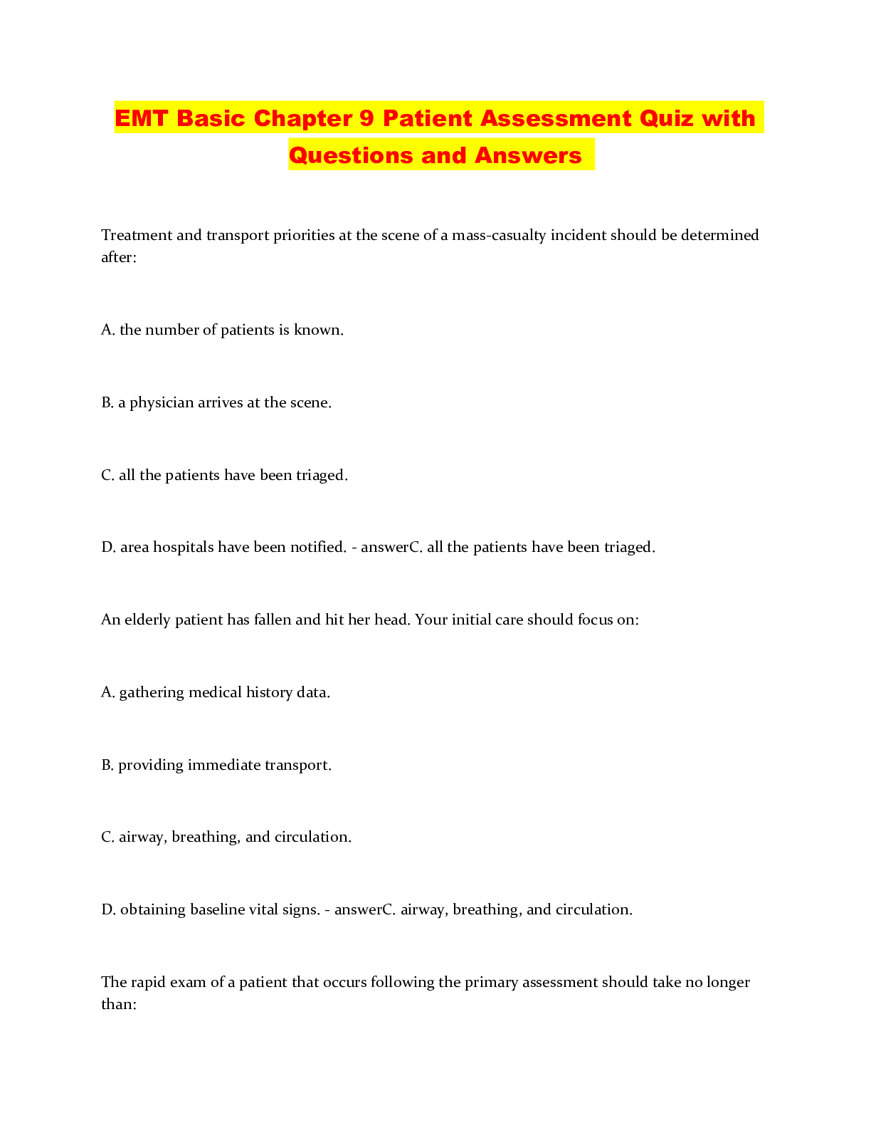 Preview image of EMT Basic Chapter 9 Patient Assessment Quiz with Questions and Answers document